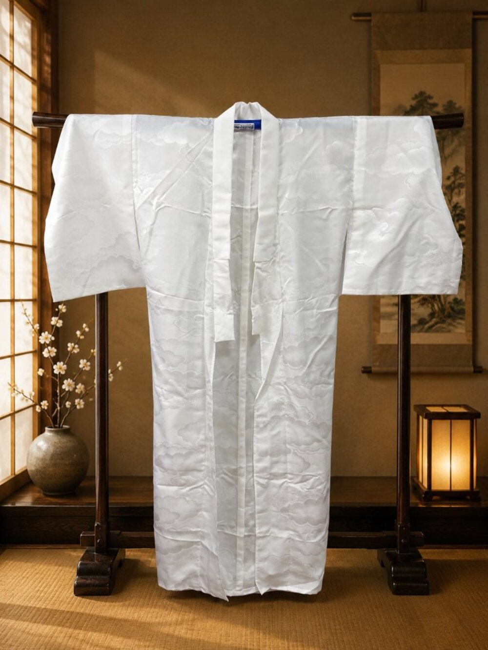 Vintage Japanese Nagajuban Kimono Underrobe White Jacquard Family Collection